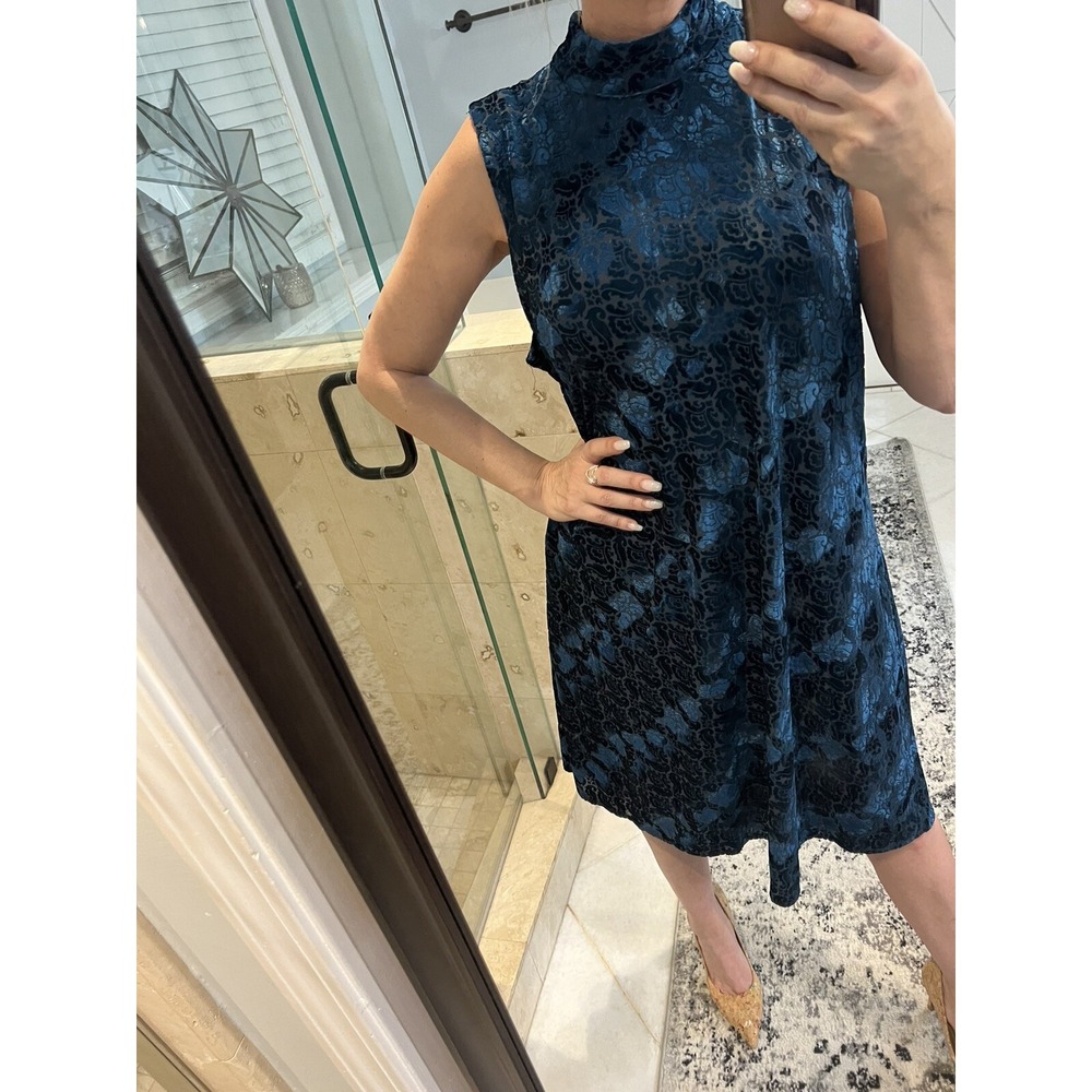 Chico's Floral Paisley Burnout Mock Neck Swing Dress Blue Green 3 XL
